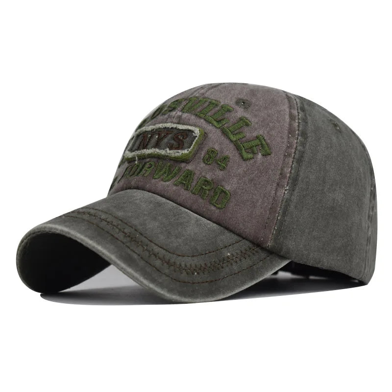 Four Seasons Men Baseball Cap Casual Distressed Washed Cotton Letter Embroidered Cap Bent Brim Dome Casual Sun Protection Hat