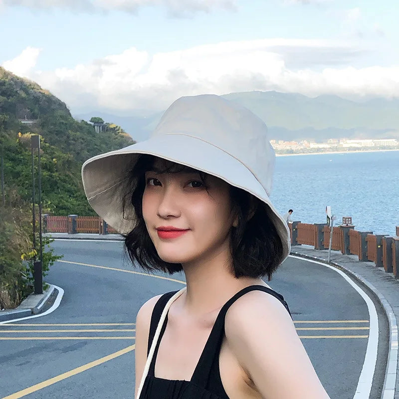 Summer Bucket Hat for Women Big Wide Brim Outdoor Soft Cotton Solid Color Sun Hats Portable Foldable Panama Cap Lady