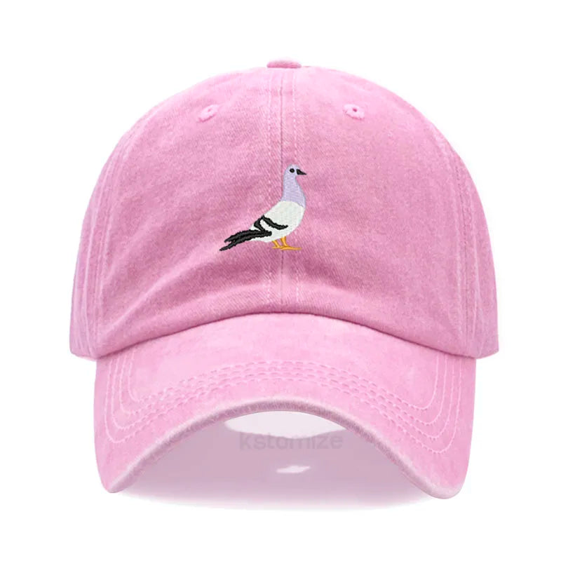 Pigeon Embroidery Baseball Cap for Women Men Fashion Adjustable Soft Washed Cotton Dad Hat Unisex Classic Golf Caps