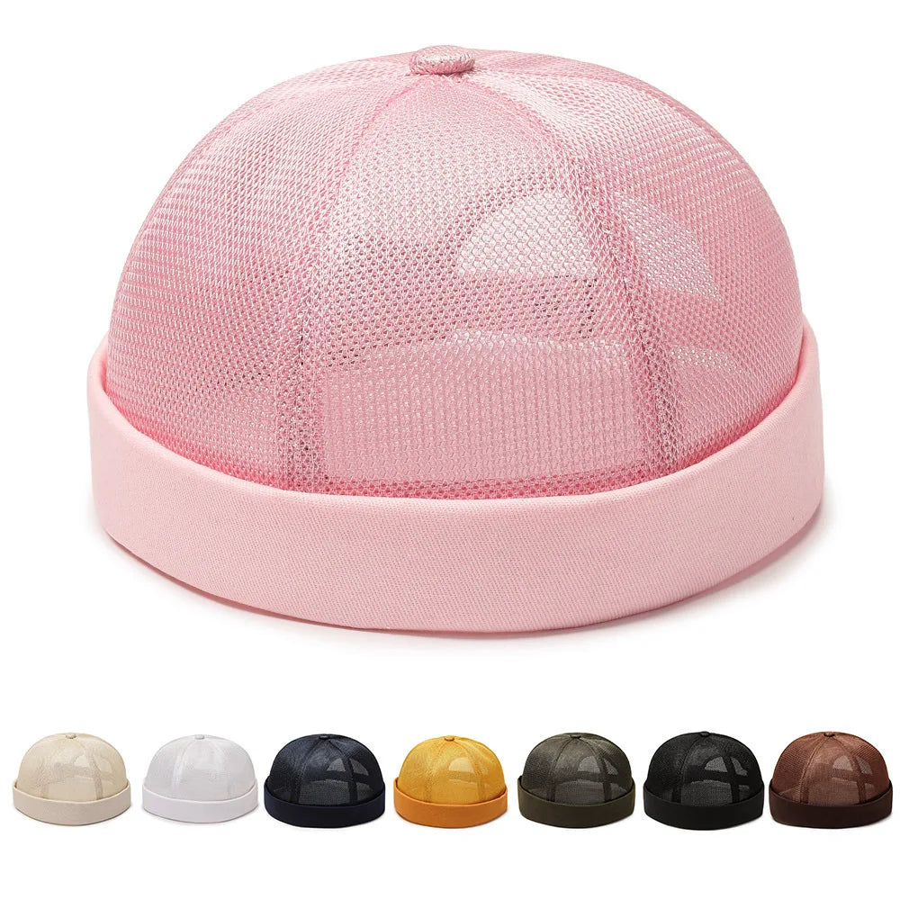 Unisex Mesh Brimless Skullcap Hip Hop Sailor Summer Cap with Rolled Cuff Breathable Beanie Hat for Men Women