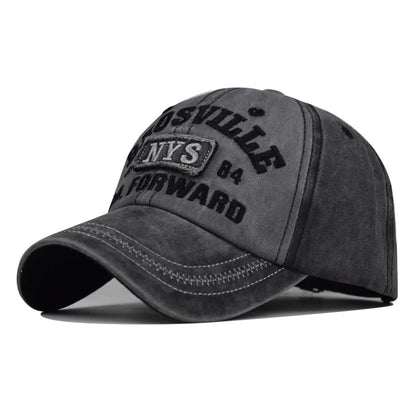 Four Seasons Men Baseball Cap Casual Distressed Washed Cotton Letter Embroidered Cap Bent Brim Dome Casual Sun Protection Hat