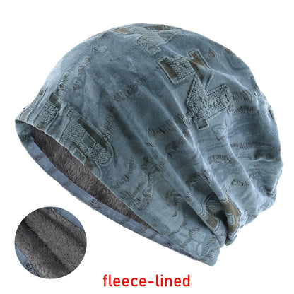 Letter Print Beanie Hat For Women Men Vintage Distressed Cracked Design Wasteland Style Warm Fleece-lined Skullis Beanie Winter