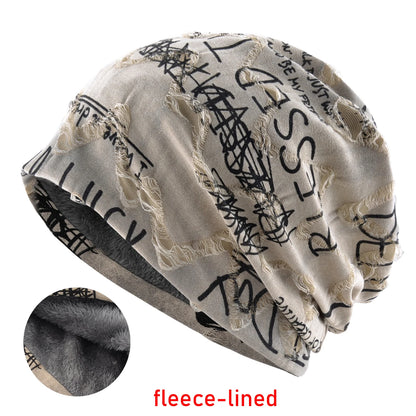 Letter Print Beanie Hat For Women Men Vintage Distressed Cracked Design Wasteland Style Warm Fleece-lined Skullis Beanie Winter